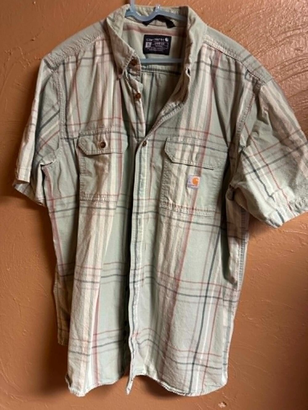 Carhartt Men’s XL Relaxed Fit Cotton Woven Plaid Green Pockets Shirt #204